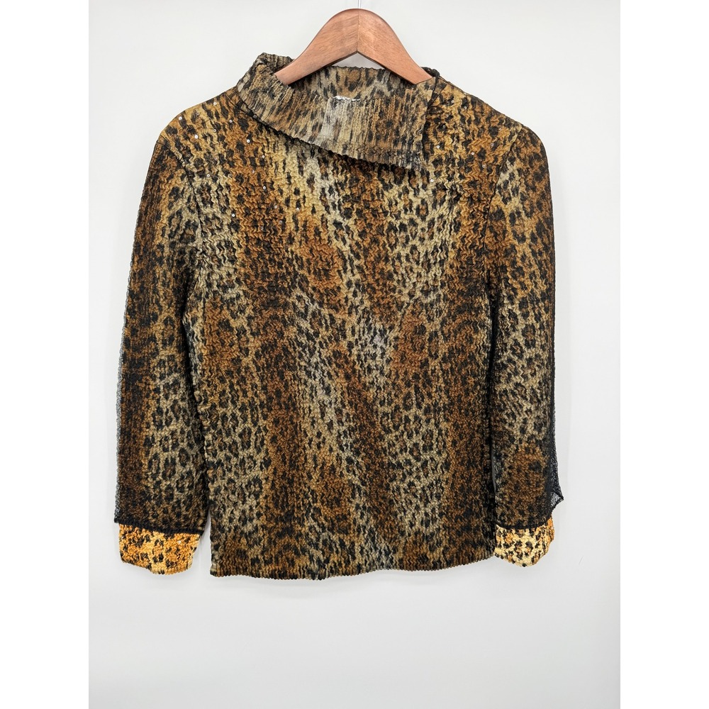 Alberto Makali Blouse Womens Medium Brown Leopard Excellent Sequin Lace Crinkle - Picture 2 of 10